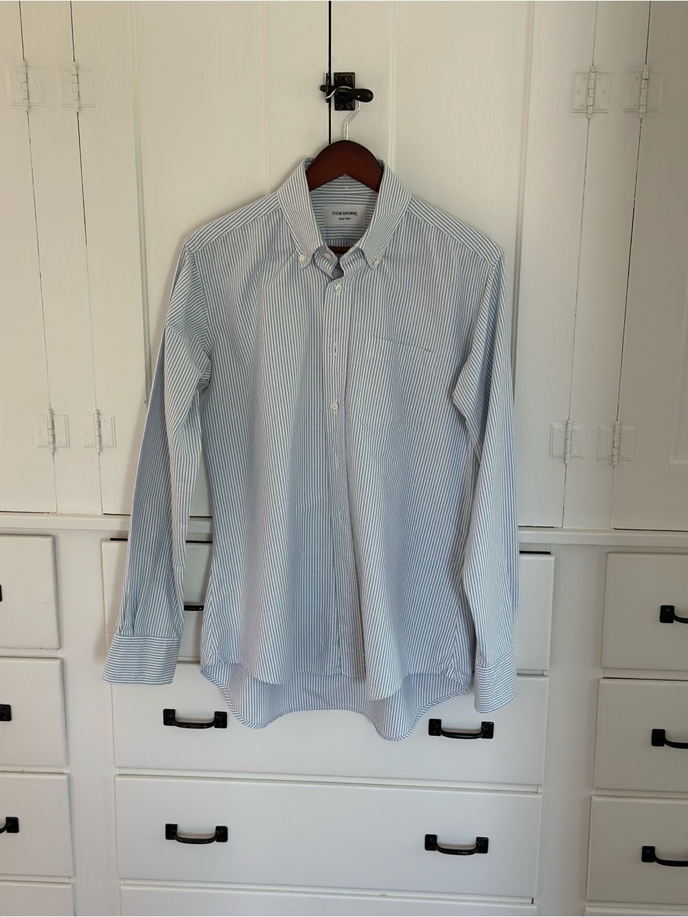 Thom Browne White and Light Blue Fine-Stripe Oxford shirt
